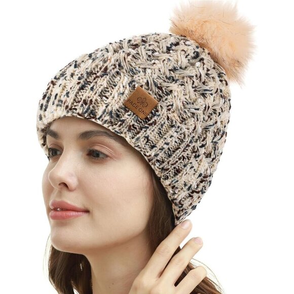 Women’s Mix oat Winter Ribbed Beanie Hat Chunky Cable Knit Pompom Warm
